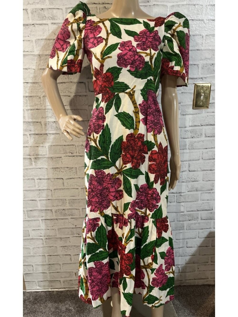 Vintage Barkcloth Floral Long Midi Dress 60s